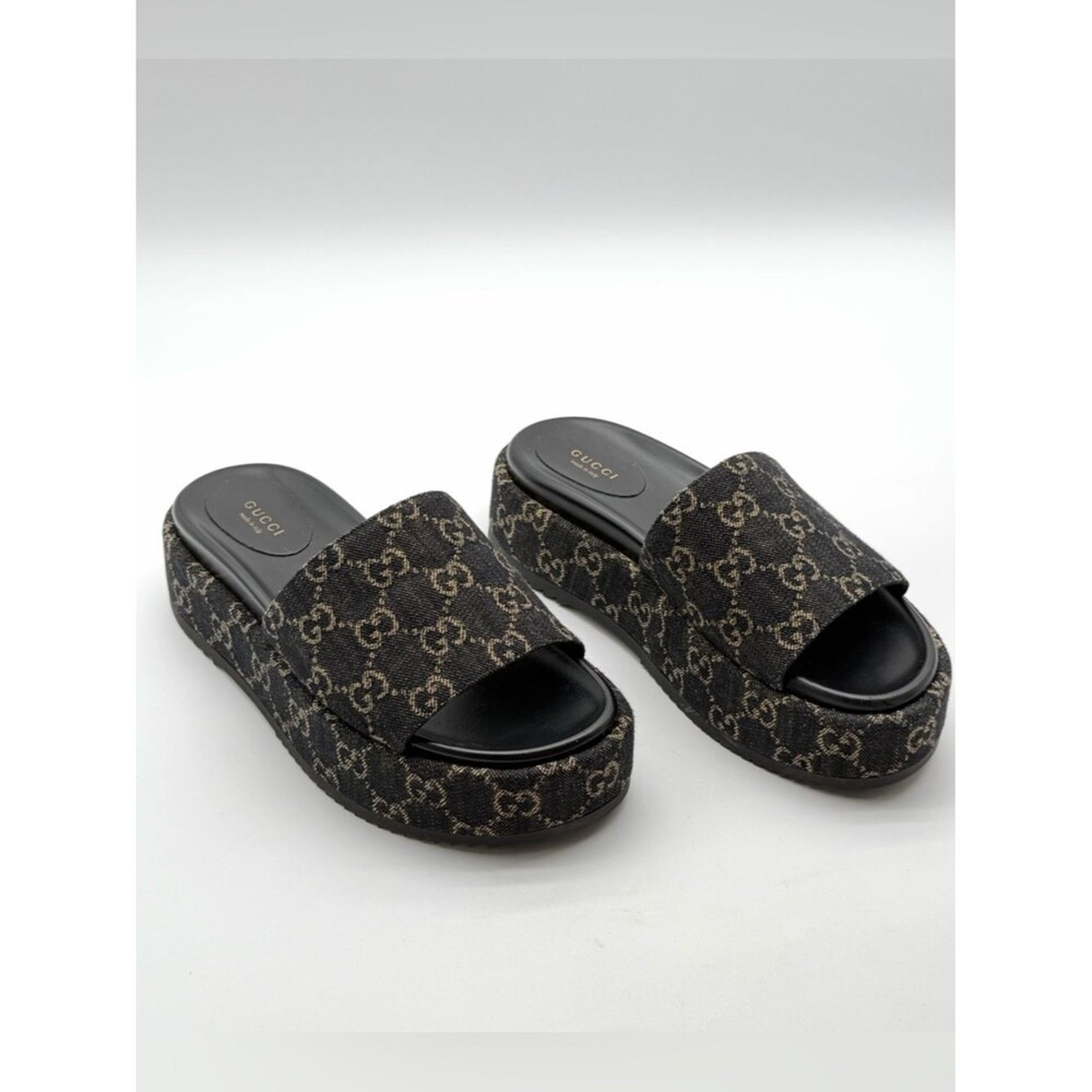 Gucci Angelina GG Monogram Platform in Black Denim Slide Sandals EU 39.5 US 9.5